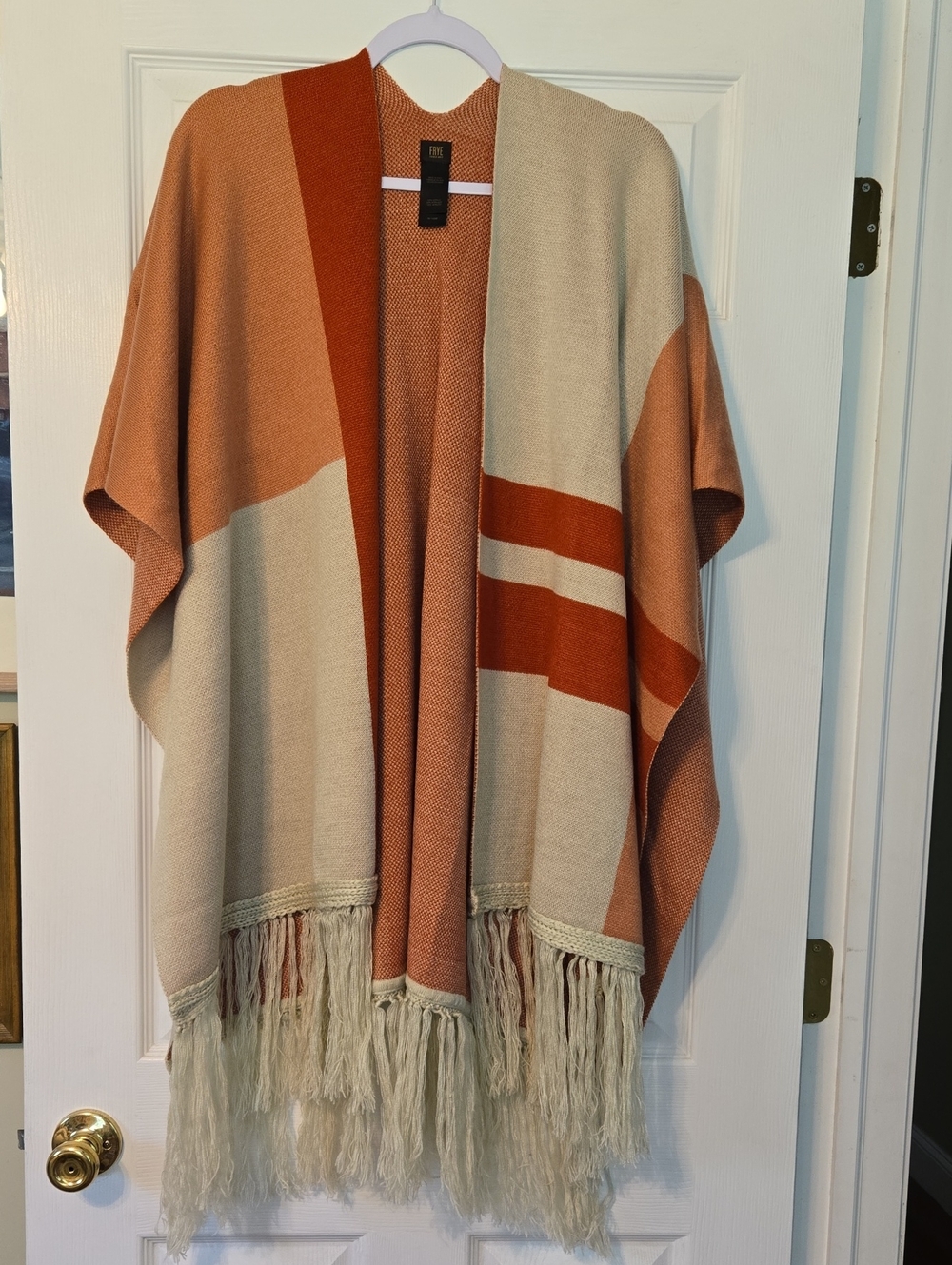 Frye Rust & Cream Fringed Colorblock Open-Front Poncho